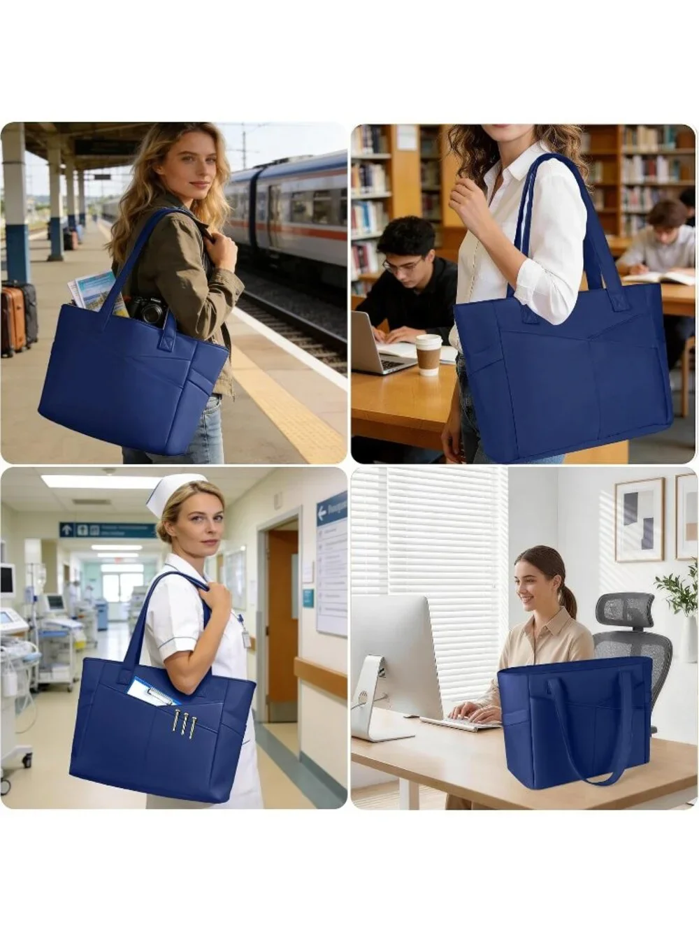 👜Women's Navy Blue Nylon Large Tote Bag With Zipper 15.6 Laptop Sleeve Work Bag